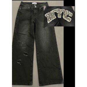 Disclosure Distressed Jeans Womens 5/27 Black Leopard Patch Wide Y2K